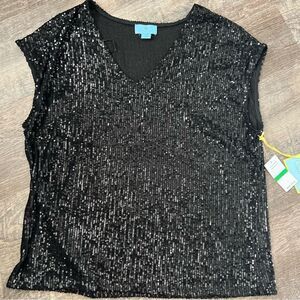 CeCe Sequined V-Neck Cap-Sleeve Black Blouse-Size Large